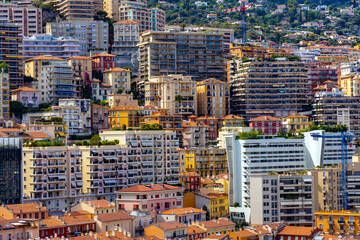 Fototapeta premium Panoramic view of Monaco metropolitan area with Carrieres Malbousquet and Les Revoires quarters at Mediterranean Sea coast