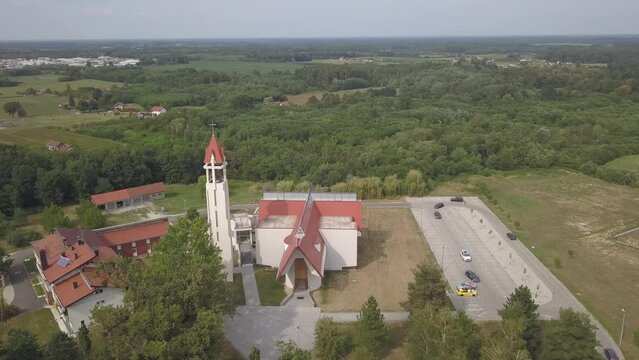 Aerial footage of the Convent and Church of Saint Antony in Dubrave, Bosnia and Herzegovina