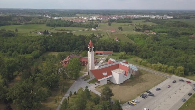 Aerial footage of the Convent and Church of Saint Antony in Dubrave, Bosnia and Herzegovina