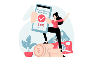 E-payment concept with people scene in flat design. Woman successfully makes money transfer or online payment and receives receipt on mobile phone. Illustration with character situation for web