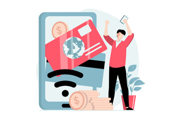 E-payment concept with people scene in flat design. Man pays online with credit card using cashless and wireless technology at mobile phone. Illustration with character situation for web