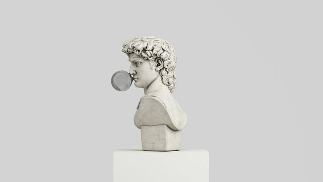 Abstract funny concept illustration from 3d rendering of classical head sculpture blowing a pure chewing gum bubble. Isolated on white background. 3d rendering spinning looped