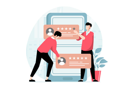 Feedback page concept with people scene in flat design. Men write comments with high star ratings and customer experience using mobile phone. Illustration with character situation for web