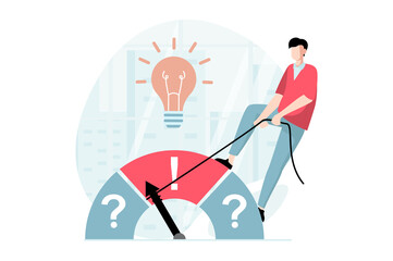 Finding solution concept with people scene in flat design. Man generates new ideas and thinking about questions, tries to find right direction. Illustration with character situation for web - obrazy, fototapety, plakaty