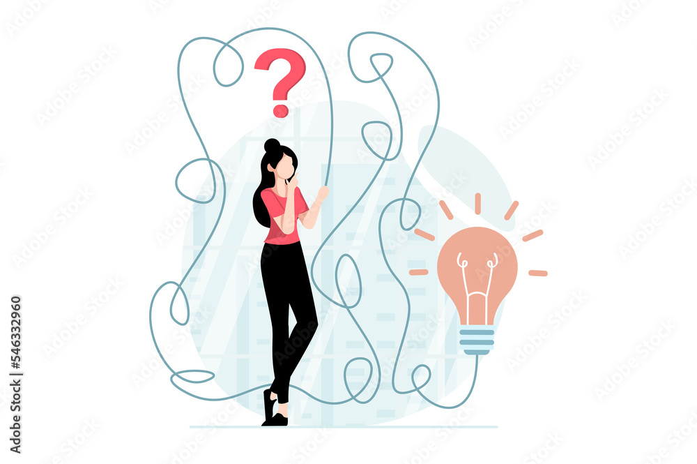 Leinwandbilder finding solution concept with people scene in flat design. woman thinks about questions and looks fo