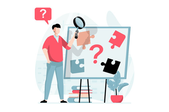 Finding solution concept with people scene in flat design. Man with magnifier examines problem, assembles puzzle, solves jigsaw and finds answers. Illustration with character situation for web