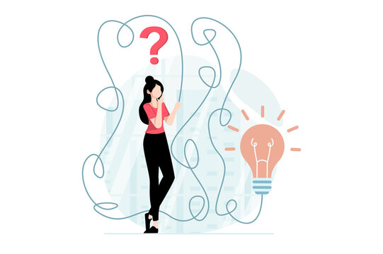 Finding Solution Concept With People Scene In Flat Design. Woman Thinks About Questions And Looks For Right Way To Discover Answers And New Ideas. Illustration With Character Situation For Web