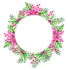 Fototapeta na wymiar Watercolor round-shaped frame with Christmas plants