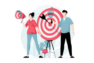 Focus group concept with people scene in flat design. Man and woman are studying behavior of audience, making advertising campaign and targeting. Illustration with character situation for web