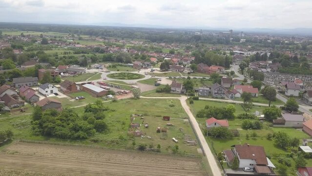 Aerial of Gunja village in Croatia on a sunny day