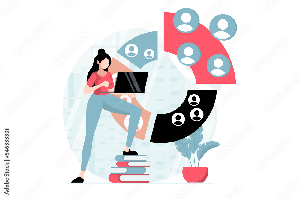 Poster focus group concept with people scene in flat design. woman making market research, analyzes buyers 