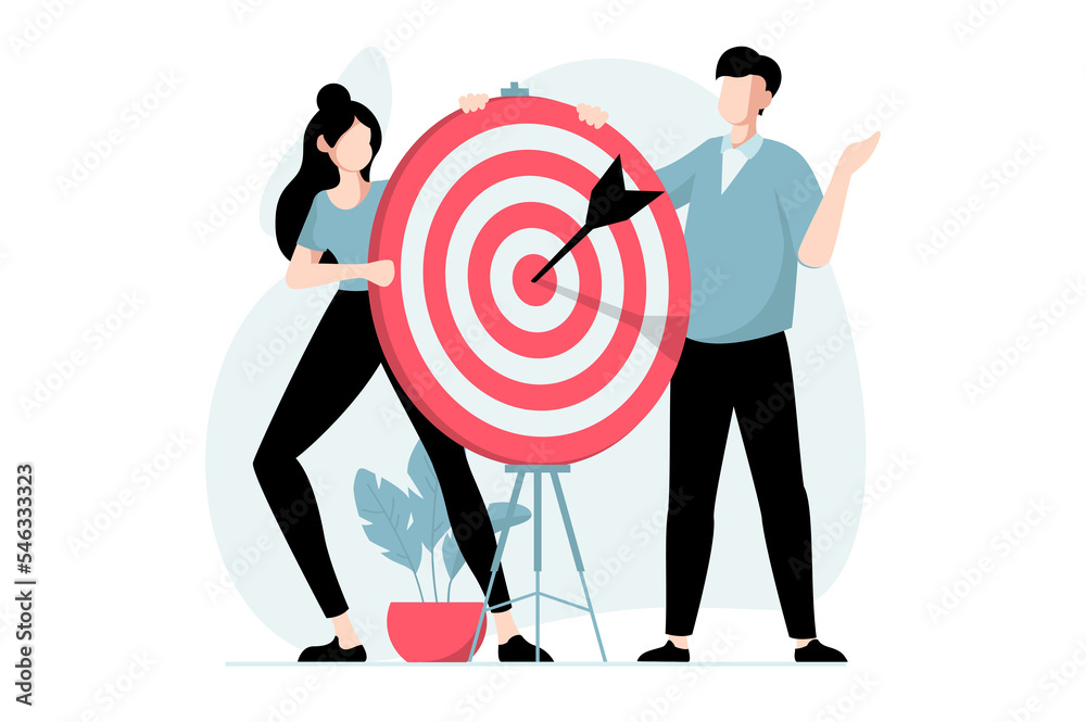 Aufkleber focus group concept with people scene in flat design. woman and man conduct marketing research, anal