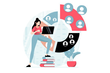 Focus group concept with people scene in flat design. Woman making market research, analyzes buyers using social networks and works with charts. Illustration with character situation for web