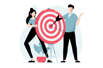 Focus group concept with people scene in flat design. Woman and man conduct marketing research, analyze buyers and create successful targeting. Illustration with character situation for web