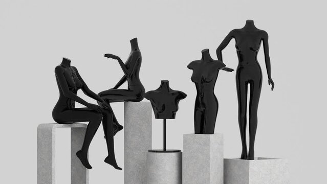 Statue of model mannequin in black for showcasing fashion clothes in an abstract concept. on stone pallet product stand. isolate on white background. 3d rendering spinning looped