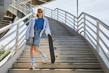Full length portrait of young woman with skateboard posing outdoors in sunlight and standing on stairs, copy space