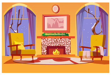 Obraz premium Living room flat color vector illustration. Fireplace for warmth in a cozy home. Winter outside the window. 2D cartoon interior with furniture in the background