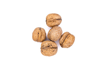 Group of walnuts isolated on white background. Top view.