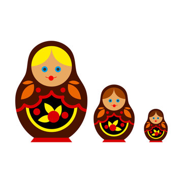 Set Of Nesting Dolls. National Wooden National Dolls With Beautiful Ornament. National Symbol Of Russia Vector Illustration On White Background. Matryoshka Concept