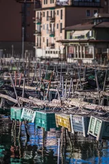 Wall murals City on the water Vertical shot of the old wooden pier of Chioggia town