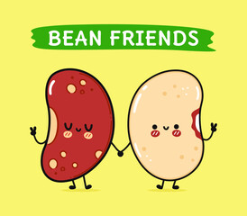 Cute, funny happy bean and red bean character. Vector hand drawn cartoon kawaii characters, illustration icon. Funny cartoon happy bean and red bean friends