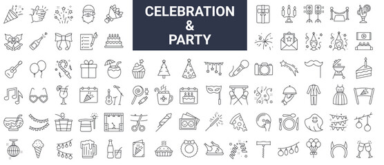 Set of 80 celebration, event, party line icons. Editable stroke. 