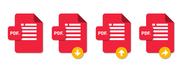 Vector of PDF download icon, PDF upload icon,and PDF share icon. PDF file logo with download, upload and share label. Portabel document format vector logo. downloading and uploading document concept.