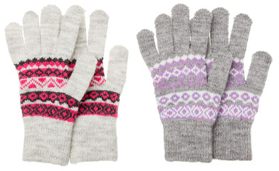 Gray knitted gloves with geometric ornament isolated on white background