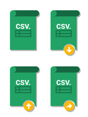 Vector of CSV file format icon. CSV file format icon with download, upload, and share label. CSV extension logo with table icon.Comma Separated Values digital file.