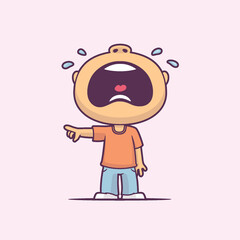 Little boy crying and showing something with his finger. Vector cartoon illustration