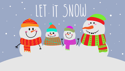 Christmas card with cute snowmen in colorful hats and scarves.