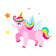 Adorable unicorn stands and looks at stars and hearts, cartoon character vector illustration. Drawing of magical horse with rainbow hair isolated on white background