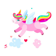 Adorable unicorn flapping its wings flying in the clouds, cartoon character vector illustration. Drawing of magical horse with rainbow hair isolated on white background