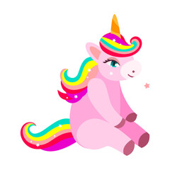 Adorable unicorn sitting and smiling, cartoon character vector illustration. Drawing of magical horse with rainbow hair isolated on white background. Magic, fantasy concept