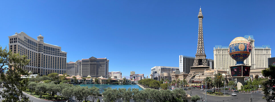 City skyline panoramic view of Las Vegas including Bellagio and Paris resorts, Nevada, USA