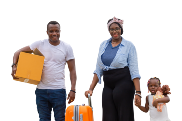 Cheerful african american family with luggage and carrying boxes into new home, Happiness family concepts