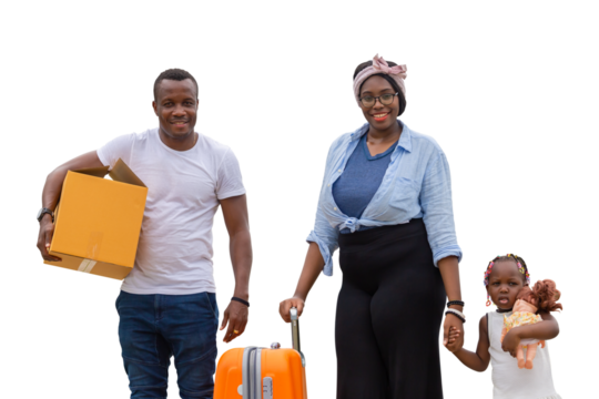 Cheerful african american family with luggage and carrying boxes into new home, Happiness family concepts
