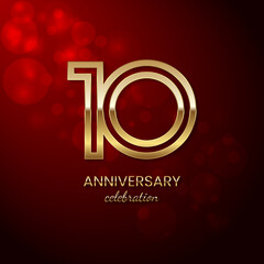 10th Anniversary Celebration. Birthday logo design with gold color text for celebration events, weddings, invitations, greeting cards. Vector illustration