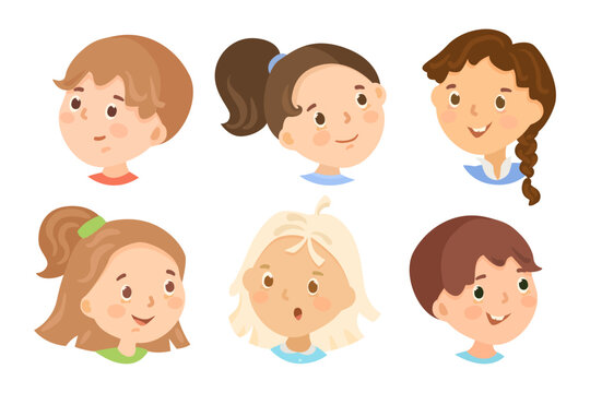 Boys and girls with happy faces vector illustrations set. Facial expressions of cartoon children, kid characters smiling isolated on white background. Childhood, emotions concept