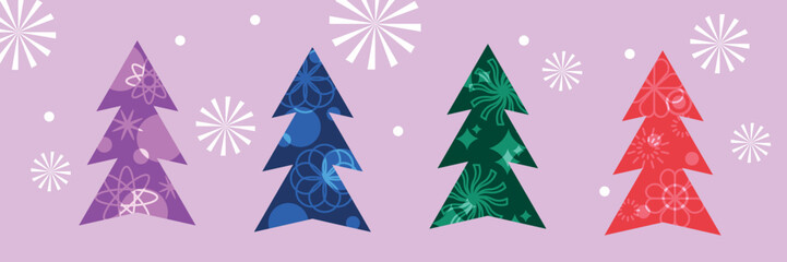 Happy New Year and  Merry Christmas greeting card. Christmas trees, decoration elements, lights. Holiday cover, poster. Vector
