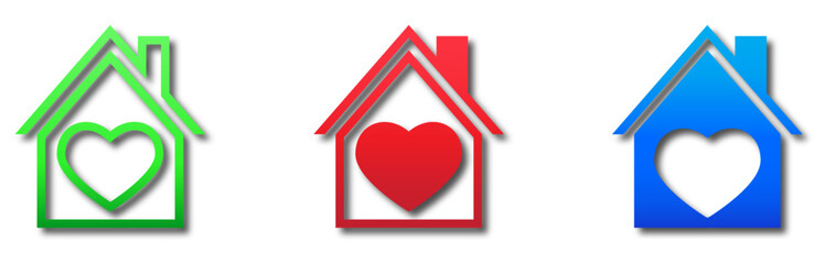 Love home icon. House logo with heart shape inside. Vector illustration.