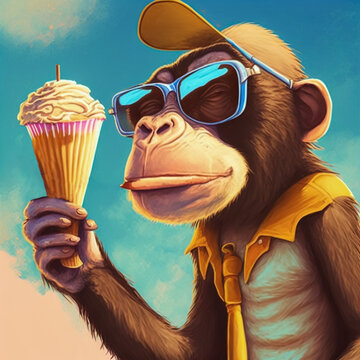 Abstract painting concept. Colorful art of a monkey with sunglasses and ice cream. Digital art image.