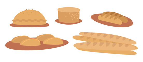 Different kinds of bread vector illustrations set. Collection of cartoon drawings of buns, baguettes, loaves, pies isolated on white background. Bakery, food concept