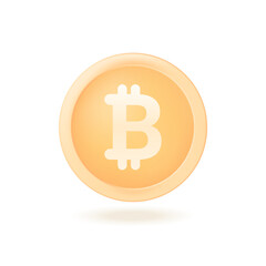 Golden circle bitcoin 3D icon. Digital gold coin of crypto money, financial technology for investment, exchange and virtual payment 3D vector illustration on white background. Cryptocurrency concept