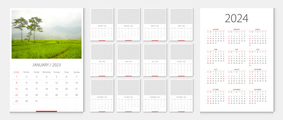 Calendar 2023, calendar 2024 week start Sunday corporate design template vector. - obrazy, fototapety, plakaty