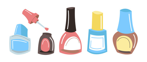 Bottles of colorful nail polish vector illustrations set. Collection of products for painting nails, bottles with caps or brushes isolated on white background. Beauty, fashion, manicure concept