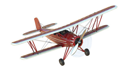 Flying red biplane light aircraft 3D illustration of airplane - obrazy, fototapety, plakaty