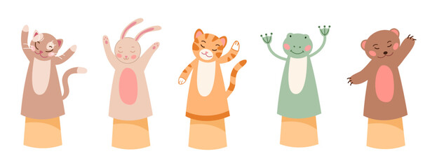 Cute animal characters as hand puppets vector illustrations set. Adorable comic cat, bunny, tiger, frog and bear dolls or toys isolated on white background. Entertainment, childhood concept