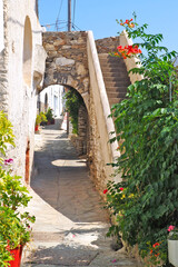 Fototapeta na wymiar One of the charms of the Greek islands of the Cyclades, in the heart of the Aegean Sea, are the narrow streets lined with white houses with their cobbled stairs and their small flowered balconies