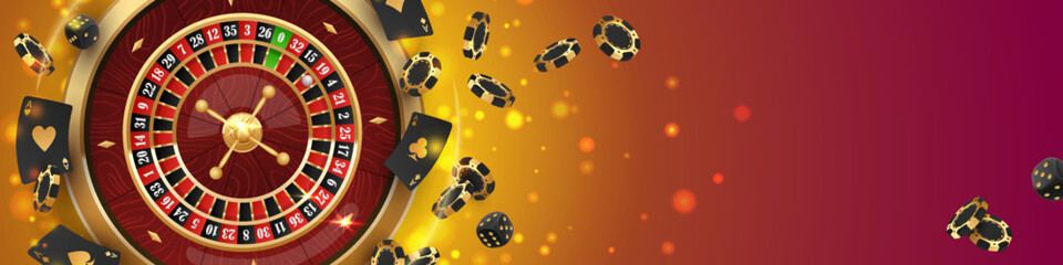 Banner with Golden casino roulette, wheel with flying black poker chips, tokens, playing cards, dices, around on red background with lights, bokeh. Vector illustration for design, advertising.